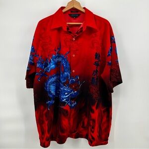 Vintage MT2 Shirt Mens XL Red with Blue Dragon Button Up All Graphic Camp Y2K